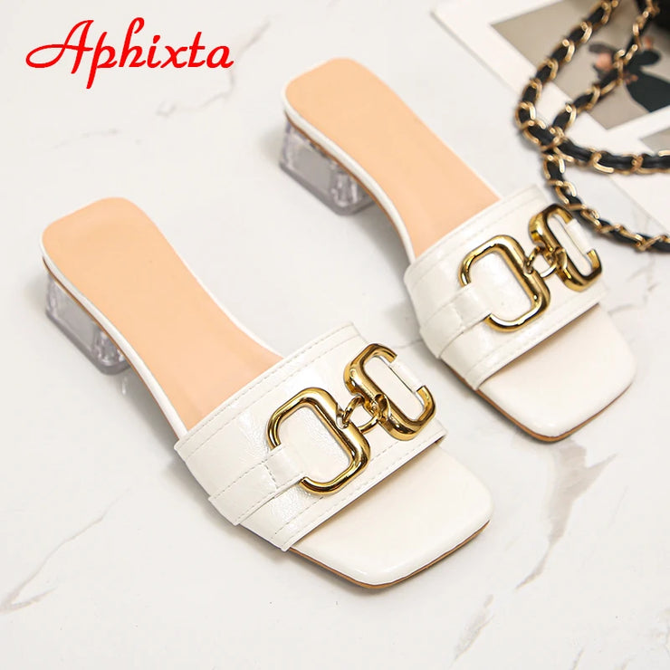 Transparent Square Heels Women Peep Toe Mules - Summer Slip-on Silver/Vibrantly Heel Sandals- Bronze with Peep- Toe Metal-Make a Grand Scene & Stand Our Class Apart Footwear: Size Range 35-45 .