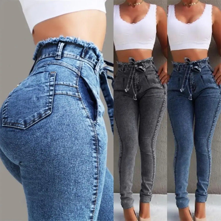 High Waist Skinny Jeans for Women with Belted Stretch Denim in Multiple Colors