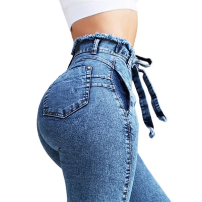 High Waist Skinny Jeans with Belted Stretch Denim, Casual Fashion Full Length Pants for Women.