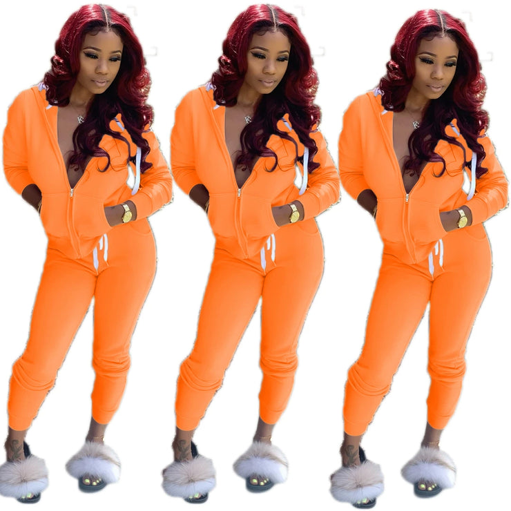 Fashion Solid Slim Zipper Sports Hooded Two-Piece Suit Tracksuit