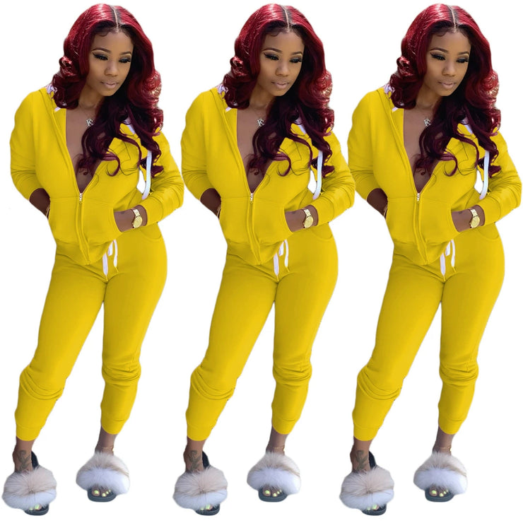 Fashion Solid Slim Zipper Sports Hooded Two-Piece Suit Tracksuit