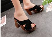 Eye-Catching Women's Suede Sandals with Cross Rivet Open Toe and High Chunky Heel