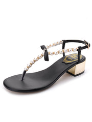 Women Pearl Rhinestone Mid Heel Flip-Toe Roman Sandals