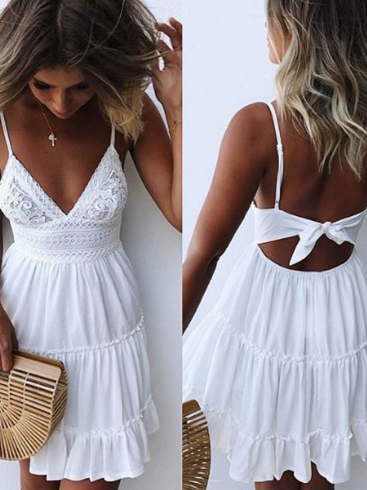 Women Lace-up Patchwork Lace  Deep V Strap Skirt Open Back Dress