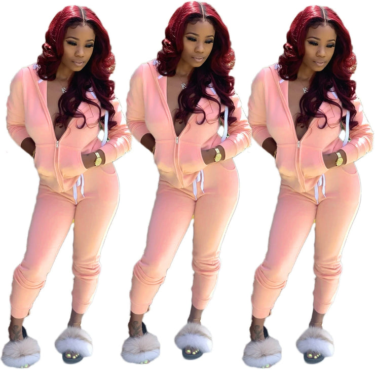 Fashion Solid Slim Zipper Sports Hooded Two-Piece Suit Tracksuit