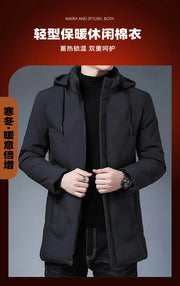 Men Long Parkas Coat Solid Slim Fit Warm Thicken Jacket. Outwear Windproof Coat Hooded Cotton-padded Zipper