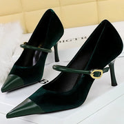Korean Velvet High Heels Women's Pumps 10cm 7cm Thin Heel Pointed Toe Metal Buckle Shallow Montage Party Shoes