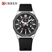 CURREN 8437 Men's Quartz Watch with black silicone strap and date feature.