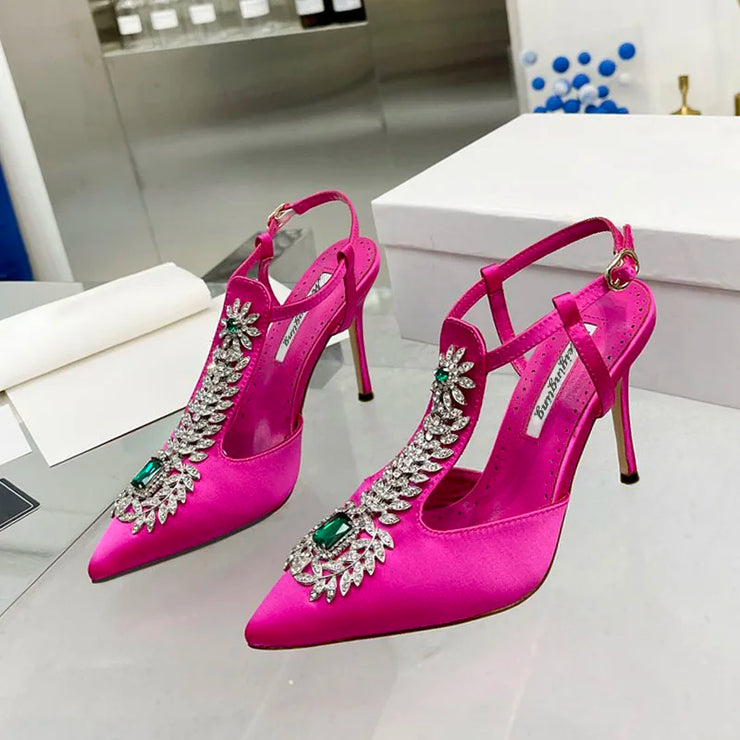 Ladies Rhinestone Pointed Toe Stiletto High Heels Satin Gemstone Ankle-Wrap Buckle Strap  Fairy Pump