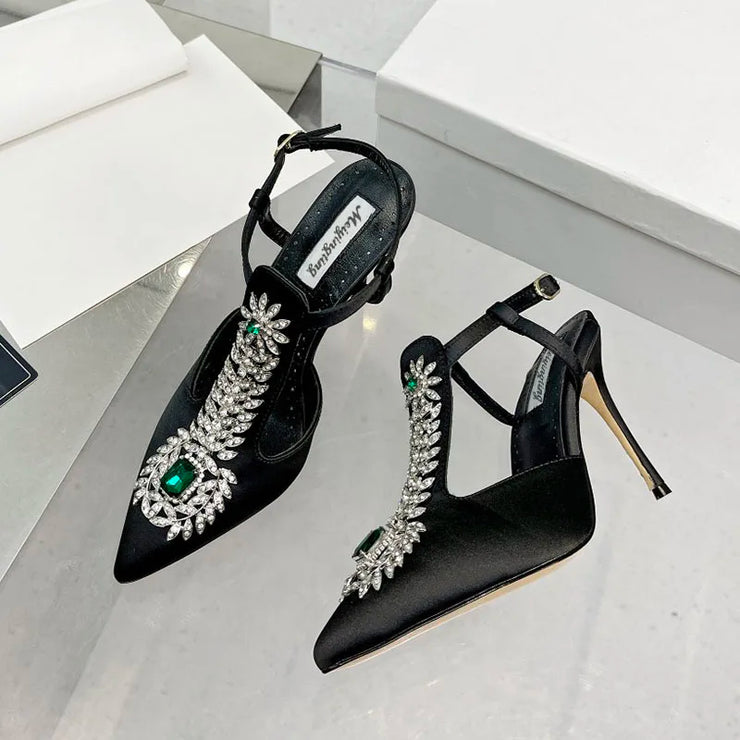Ladies Rhinestone Pointed Toe Stiletto High Heels Satin Gemstone Ankle-Wrap Buckle Strap  Fairy Pump