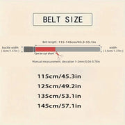 Men's genuine leather belt size chart with measurements and adjustable options.