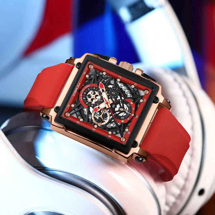 CRRJU Fashion Sports Watch Large Dial Unique Rectangular Hollow Design Quartz Wristwatch with Chronograph Auto Date Silicone Band