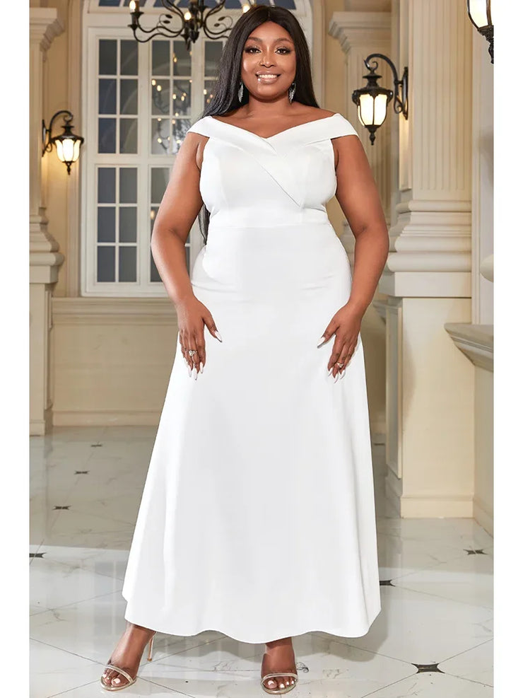 Summer white plus size long dress for women, V-neck, off the shoulder, elegant evening party maxi.