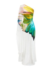 Women Flower Printed  One-shoulder High Waist A-line Elegant Dress