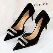Elegant Velvet Pumps for Women with Crystal Buckle Side Hollow Design Thin Heel Pointed Toe High Heels 7cm Fashion Party Shoes