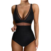 Women's Sexy Mesh Splicing Solid One-Piece Bikini Swimwear Wire-Free Support High-Waist Comfortable Fit