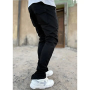 Men's Autumn Solid Color Sports Pants Stretch Slim Fit Cotton Zipper Pocket Drawstring Casual Running Fashion Trousers