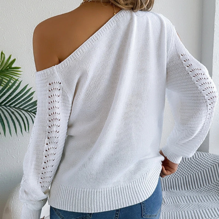Autumn Winter Sexy Slanted Shoulder Sweater Woman Elegant Solid Color Loose Hollow Out Jumpers Casual Irregular Knitted Sweaters