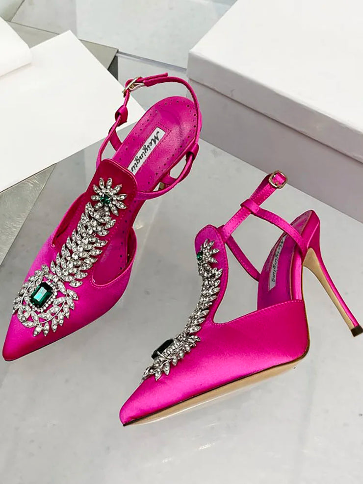 Ladies Rhinestone Pointed Toe Stiletto High Heels Satin Gemstone Ankle-Wrap Buckle Strap  Fairy Pump