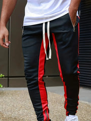 Men's Casual Color Block Zip Pocket Drawstring Sweatpants Skinny Sports Trousers Polyester Four Seasons Wear