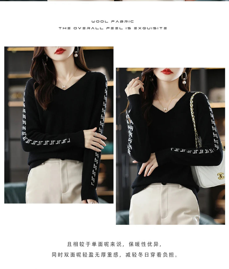 Women Pure Wool  V-Neck Stitching Long-Sleeved Autumn Winter Pullover Loose Knitted Cashmere Sweater