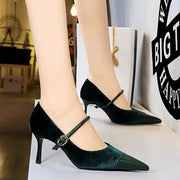 Korean Velvet High Heels Women's Pumps 10cm 7cm Thin Heel Pointed Toe Metal Buckle Shallow Montage Party Shoes