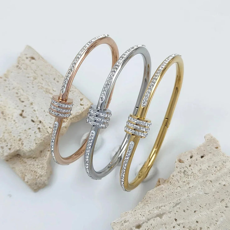 Exquisite Rhinestone Geometric Stainless Steel Bangle Bracelets for Women Gold Plated Charm Waterproof Jewelry