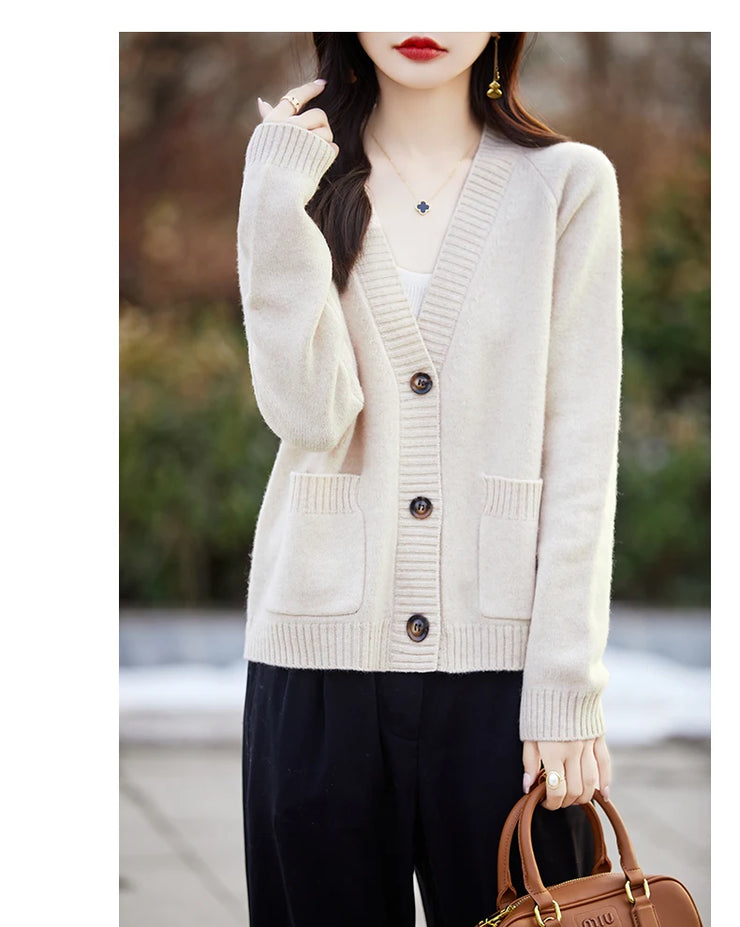 Women cardigan  V-neck 100% wool sweater