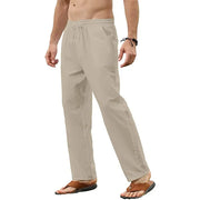 Men's cotton linen pants, casual loose fit with elastic drawstring waist, breathable solid color jogger style.