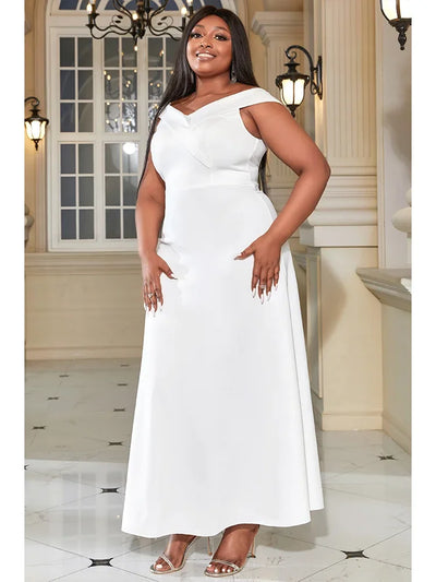 Plus size white summer maxi dress, V-neck, off the shoulder, elegant evening party style.