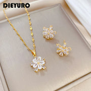 Stainless Steel Lovely White Crystal Flower Charm Necklace Earrings  Trendy Jewelry Set Gift