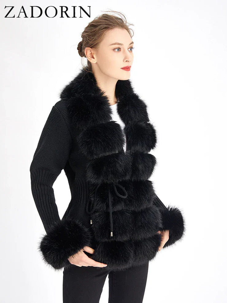 Women Luxury Knit Winter Elegant Detachable Fur Cardigan Korea Style Sweater