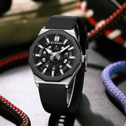 CURREN 8437 Men's Quartz Watch with silicone strap, automatic date, and night light pointer.
