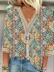 Elegant loose woman shirt with colorful print, casual long sleeve blouse for holidays and weekends.