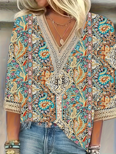 Elegant loose woman shirt with colorful print, casual long sleeve blouse for holidays and weekends.
