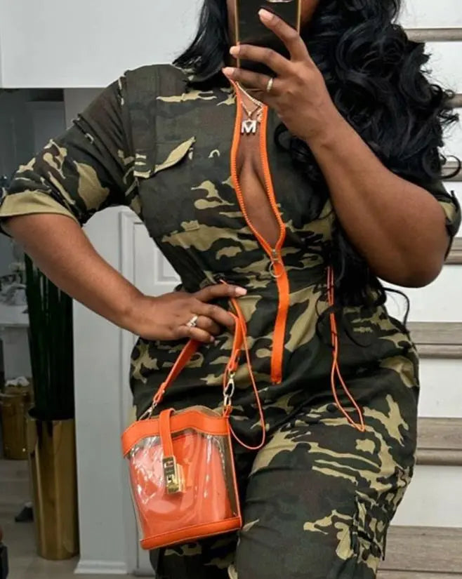 Women   Camouflage Print Zipper Pocket Design  Jumpsuit