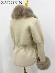 Women Luxury Knit Winter Elegant Detachable Fur Cardigan Korea Style Sweater