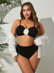 plus Size Women's Black Tummy Control Bikini Set Summer Sexy Two-Piece Beach Bathing Suit Swimwear for Confident Silhouette