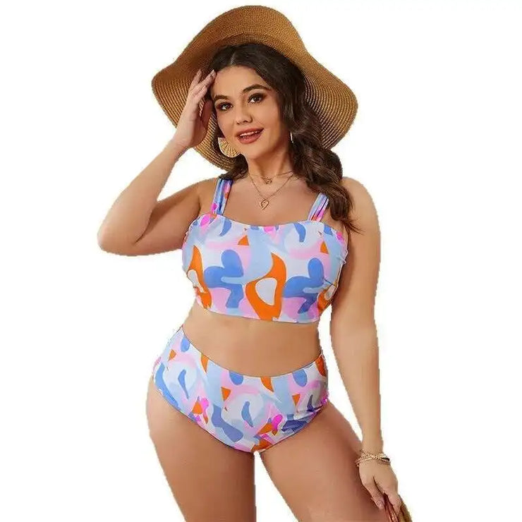 plus Size Split Swimsuit High Waisted Gathered Tight Fitting Summer Essential Bikini Eye Catching Vibe Comfortable Polyester
