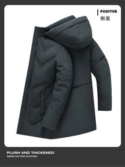 Men Long Parkas Coat Solid Slim Fit Warm Thicken Jacket. Outwear Windproof Coat Hooded Cotton-padded Zipper