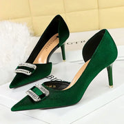 Elegant Velvet Pumps for Women with Crystal Buckle Side Hollow Design Thin Heel Pointed Toe High Heels 7cm Fashion Party Shoes