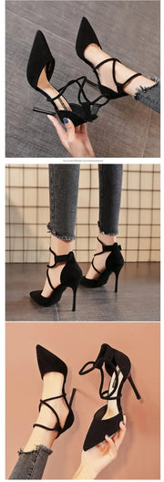 Women's Suede Cross-strap Roman Sandals High Heels Eye Catching Slip-On Shoes Corduroy Above-Ankle Fashion Roman Gladiators