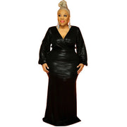 Plus size black floor-length V-neck dress with long sleeves for women.