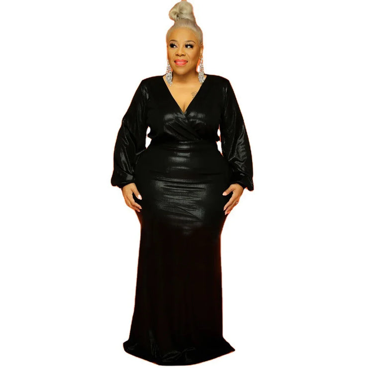 Plus size black floor-length V-neck dress with long sleeves for women.