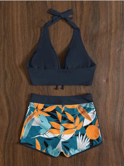 Women's Sporty Surfing Bikini Set Fashion Printed Lace-Up Swimsuit High-Waisted Beachwear Swimwear with Splice Details