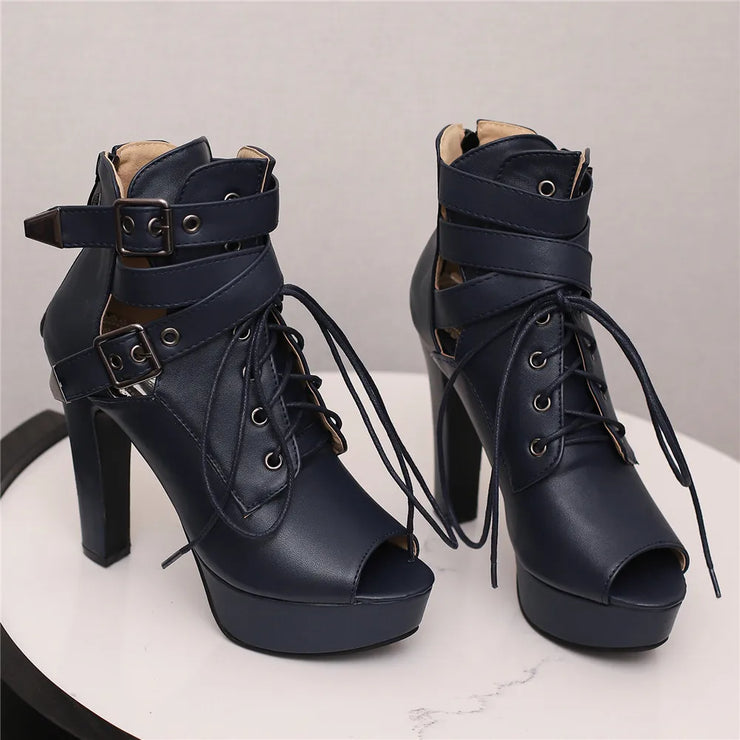 Women Peep Toe Ankle Platform Lace Up High Heels Boots