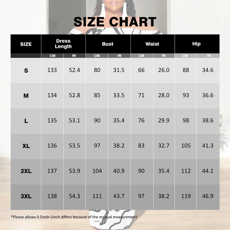 Black White Sketch Art Print plus size off shoulder maxi dress size chart.