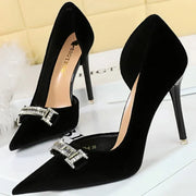 Women's Vintage Velvet Pumps 10.5cm High Heels Shallow Pointed Toe with Crystal Buckle for Banquet
