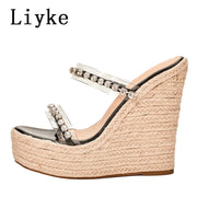 Women  Rhinestone Slipper High Quality Straw Rope Weave Thick  Platform Heels Transparent Sandal