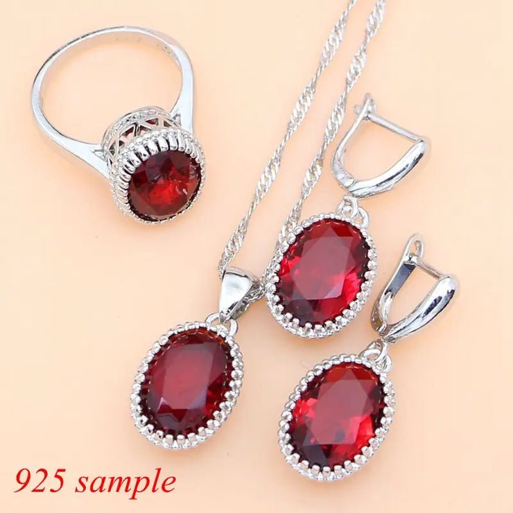 Ruby Red 925 Silver Jewelry Set Birthstone  Earrings/Pendant/Necklace/Rings/Bracelet Festival Valentine&